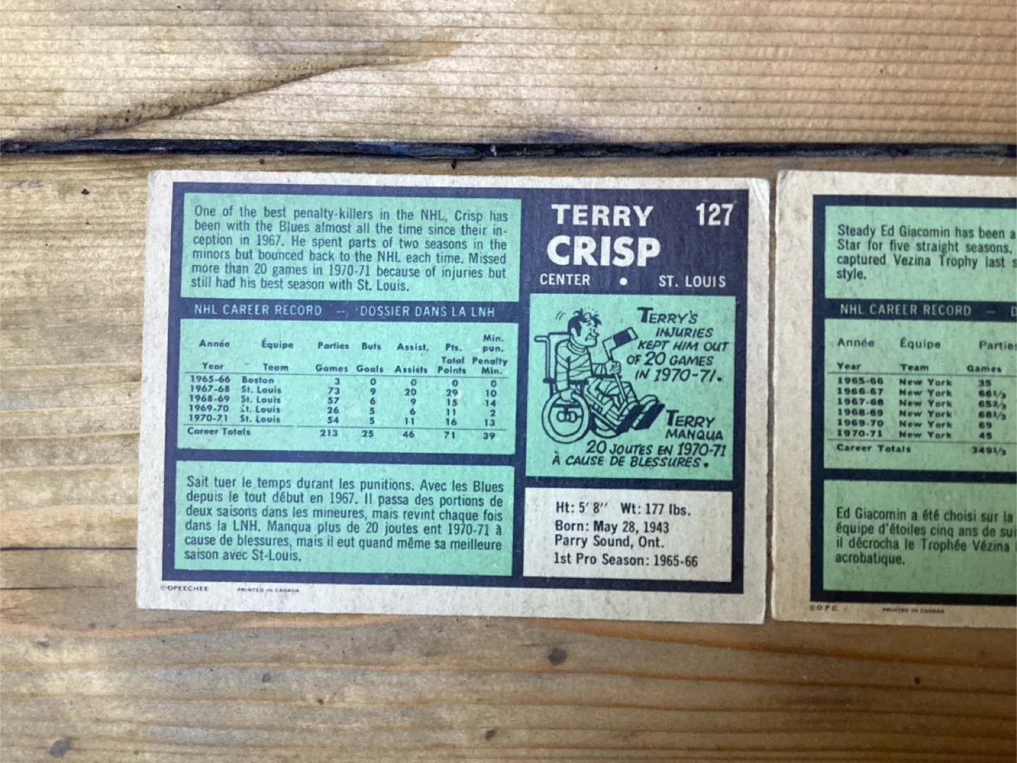 1971-72 OPC ED GIACOMIN #220 & TERRY CRISP #127 Hockey Cards image indicator(5)