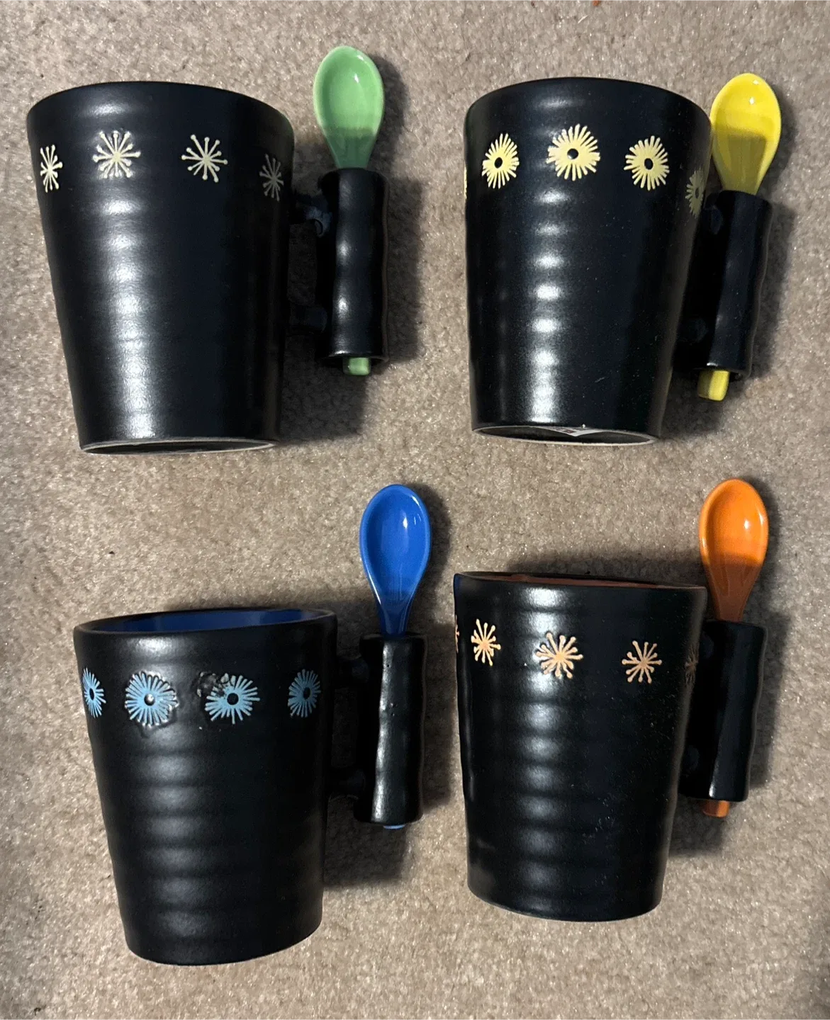 Set of 4 Colourful Mugs with Spoons .. unique design! 🥕 thumbnail