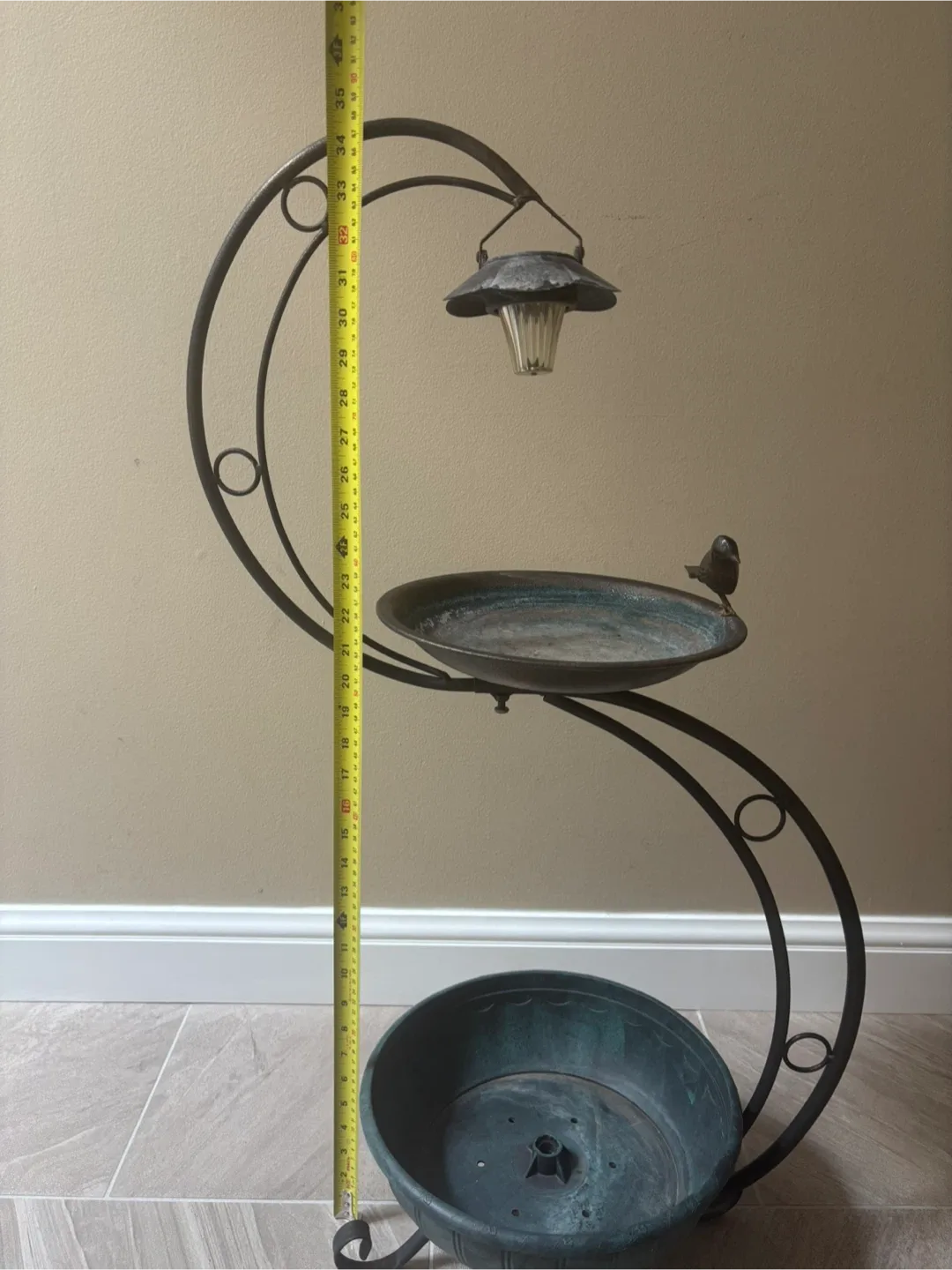 Vintage Metal Bird Bath with Solar Light image indicator(2)