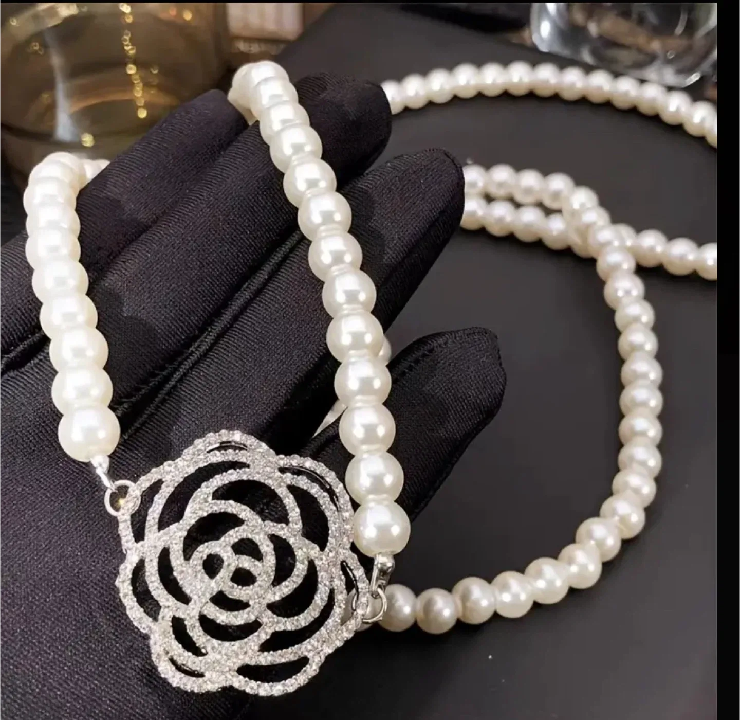 NEW Faux Pearl Necklace with Rose Pendant image indicator(3)