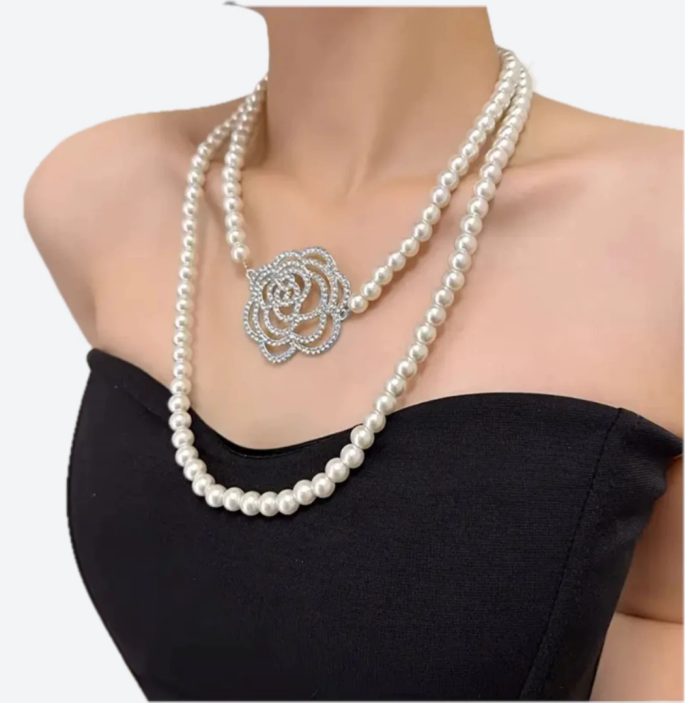 NEW Faux Pearl Necklace with Rose Pendant - photo 2