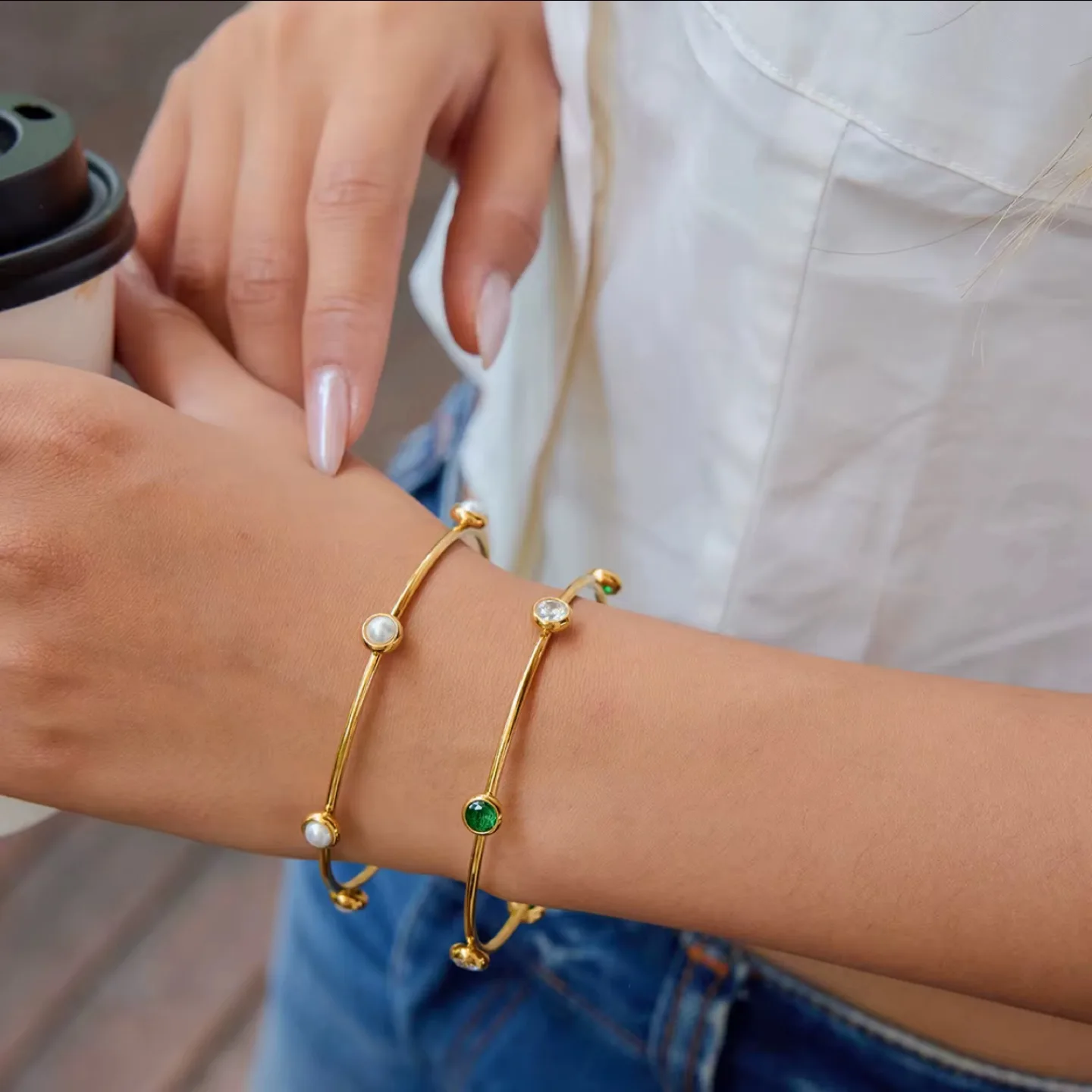 Gold Bangle Bracelets with Pearl and Gem Details image indicator(3)