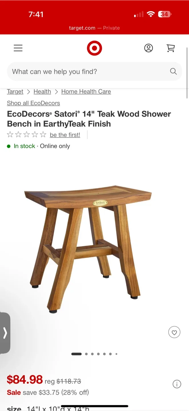 EcoDecors Satori 14" Teak Wood Shower Bench thumbnail