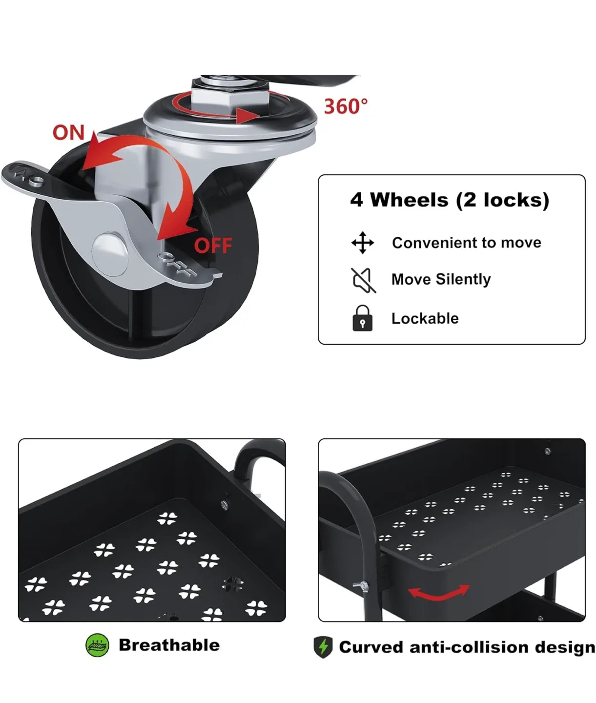 Black 3-Tier Rolling Utility Cart image indicator(6)