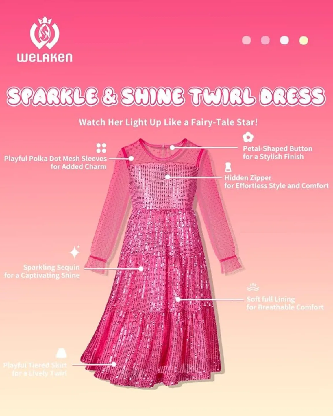 New Girls Sequin Tulle Dress Sparkly Mesh Overlay Party Gown image indicator(5)