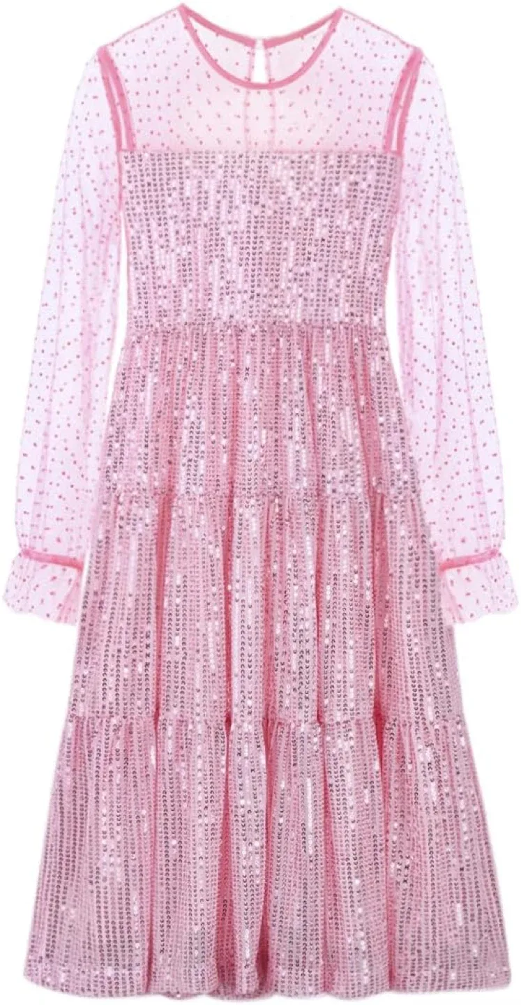New Girls Sequin Tulle Dress Sparkly Mesh Overlay Party Gown thumbnail