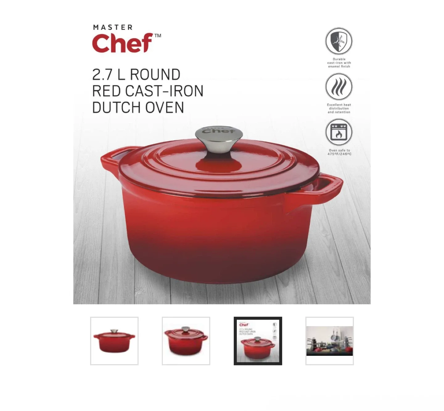 Master Chef 2.7L Red Cast-Iron Dutch Oven - New!