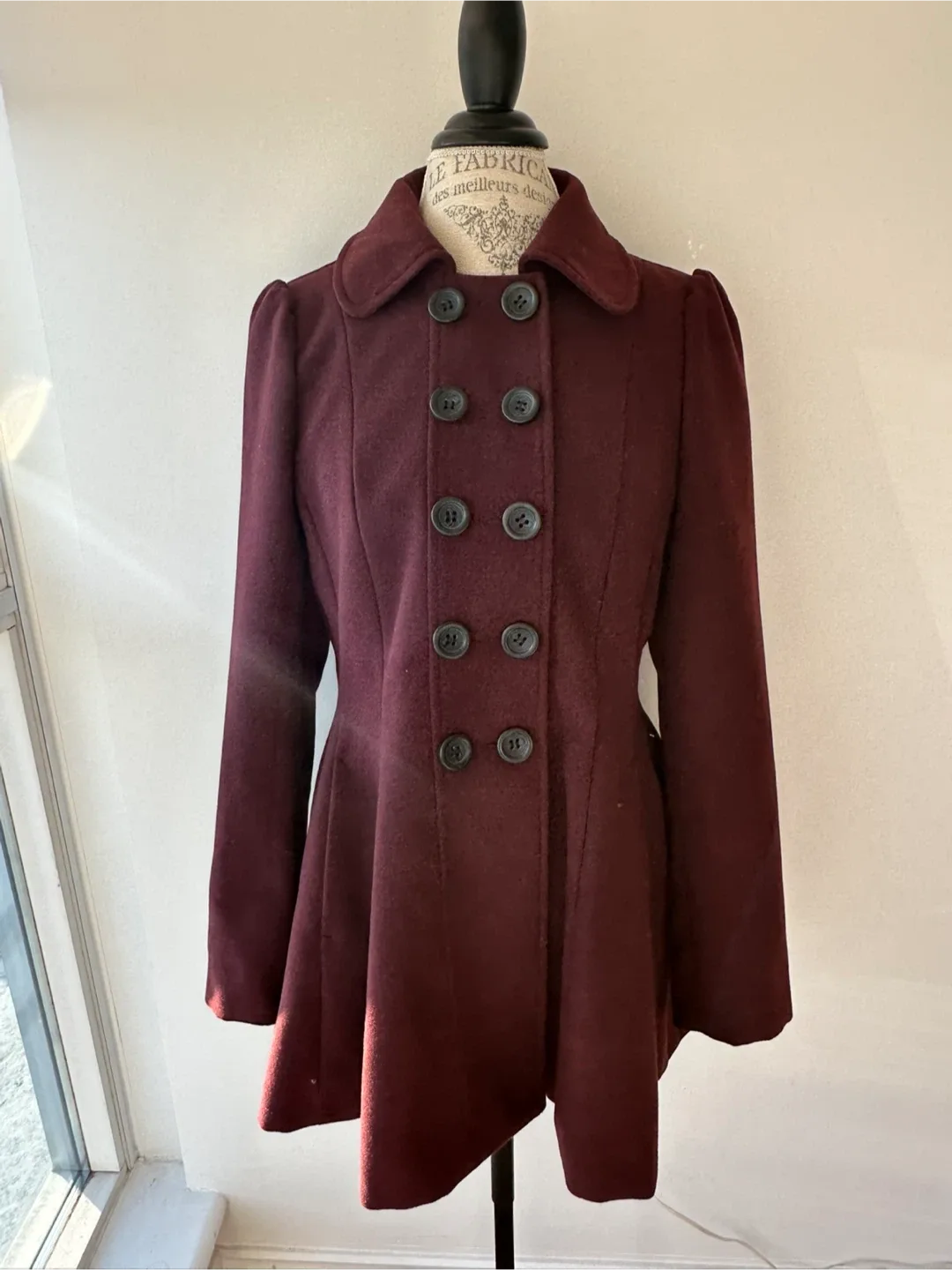 Burgundy Wool Blend Coat with Faux Fur Collar image indicator(2)