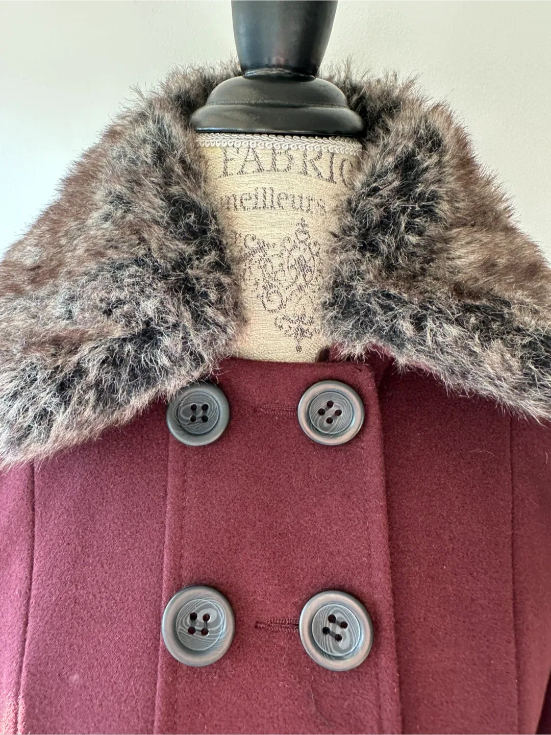 Burgundy Wool Blend Coat with Faux Fur Collar image indicator(6)
