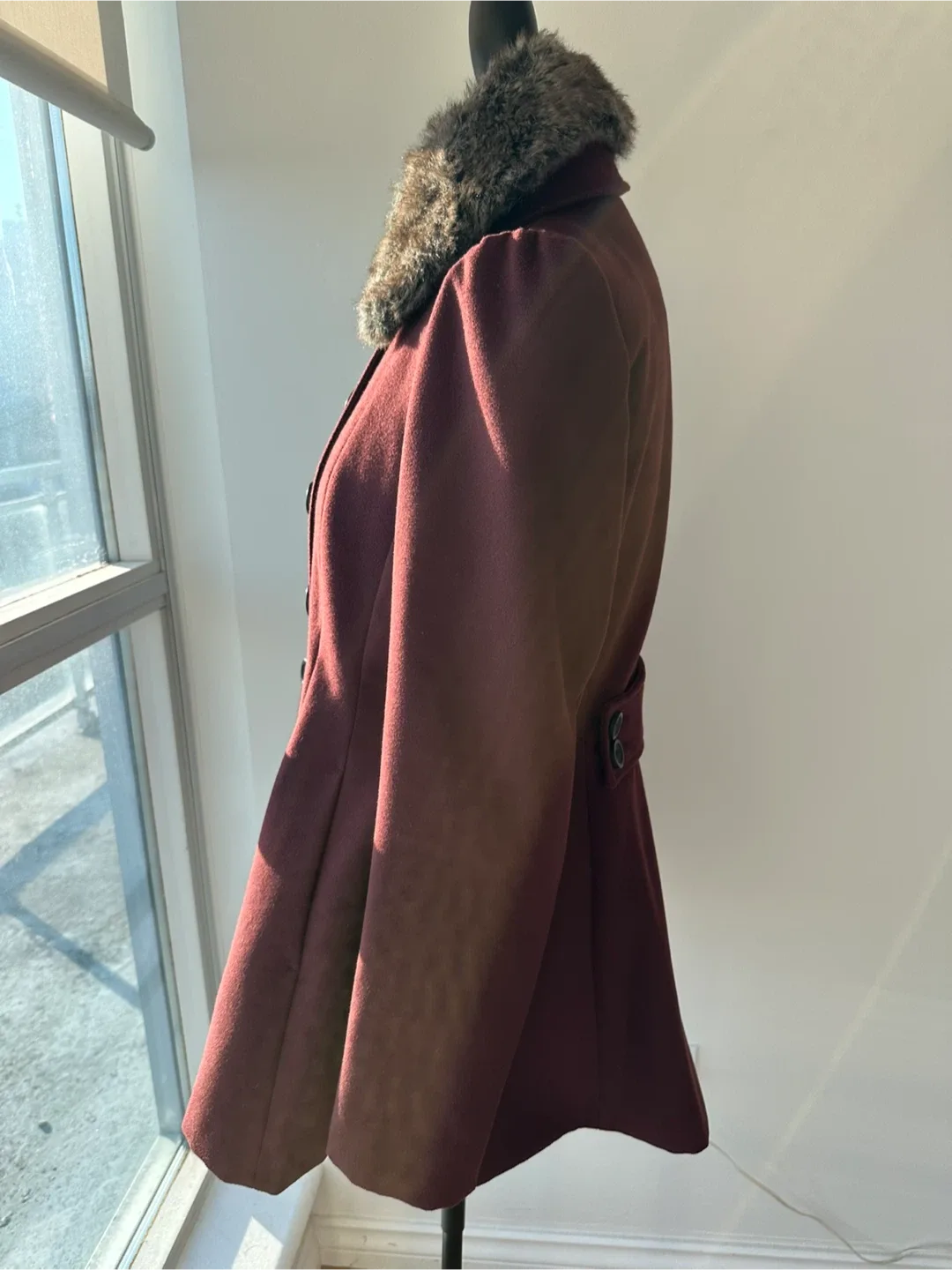 Burgundy Wool Blend Coat with Faux Fur Collar image indicator(3)