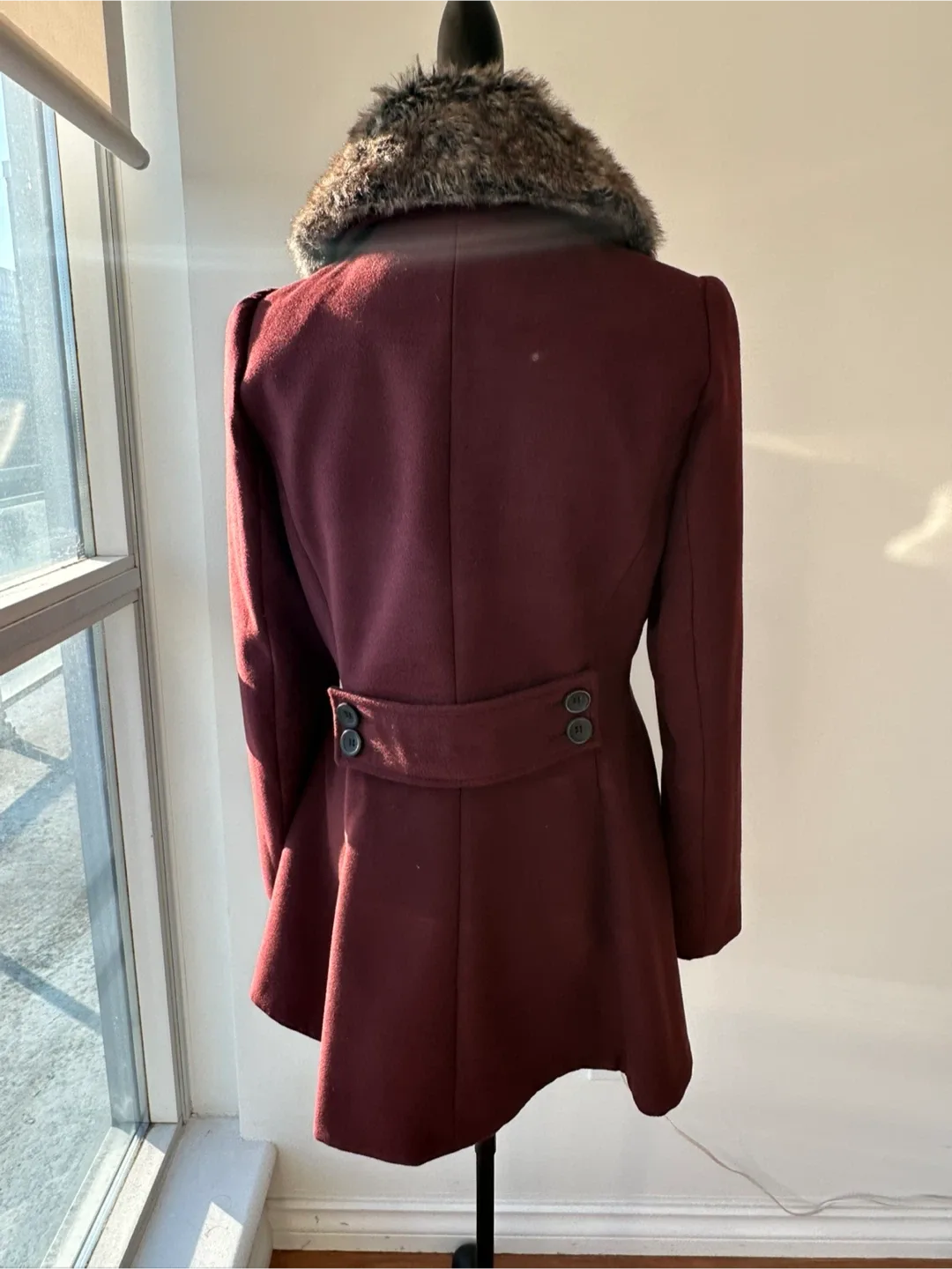 Burgundy Wool Blend Coat with Faux Fur Collar image indicator(4)