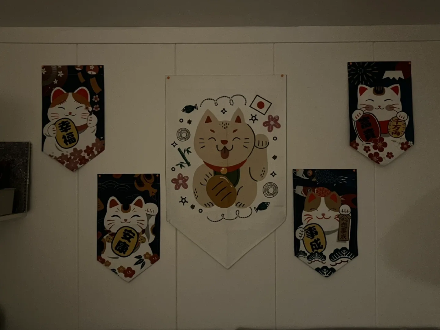 Set of 5 Japanese Lucky Cat Wall Hangings