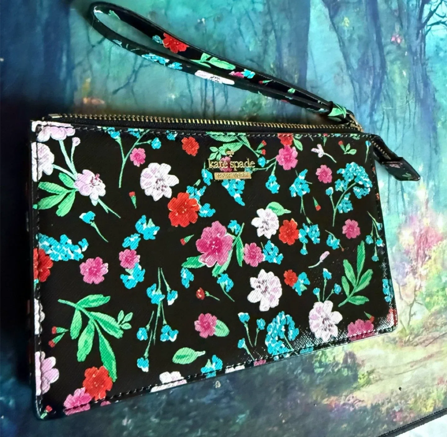 NWOT kate spade Black Multicolored Floral Wristlet Pouch image indicator(5)