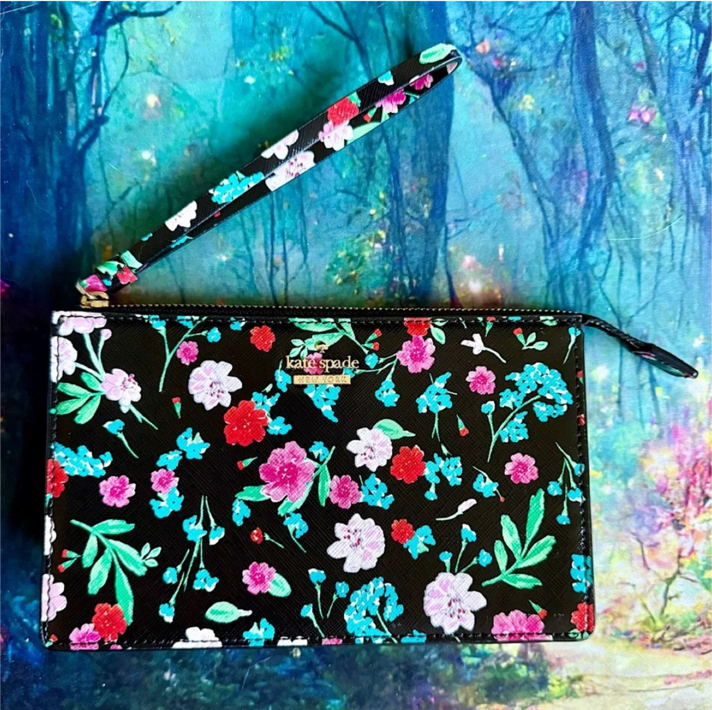 NWOT kate spade Black Multicolored Floral Wristlet Pouch thumbnail