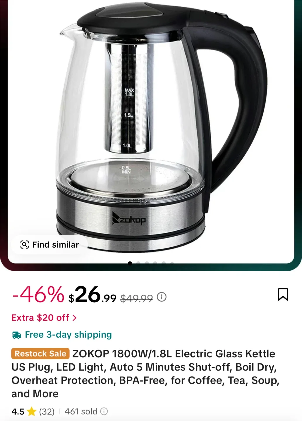 ZOKOP 1800W 1.8L Electric Glass Kettle - Like New! thumbnail