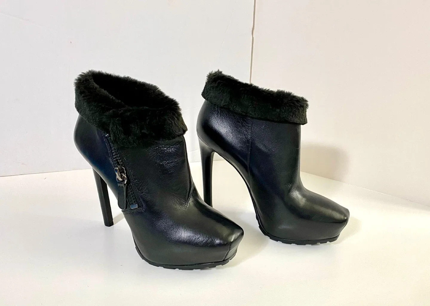 Guess Black Leather Fur Trim High Heel Booties - Size 9M image indicator(2)