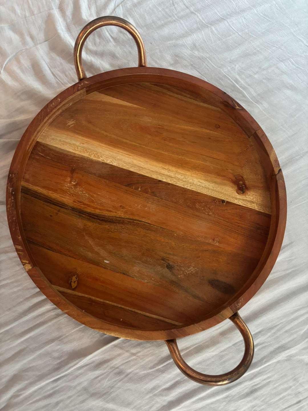 Round Wooden Tray with Metal Handles
