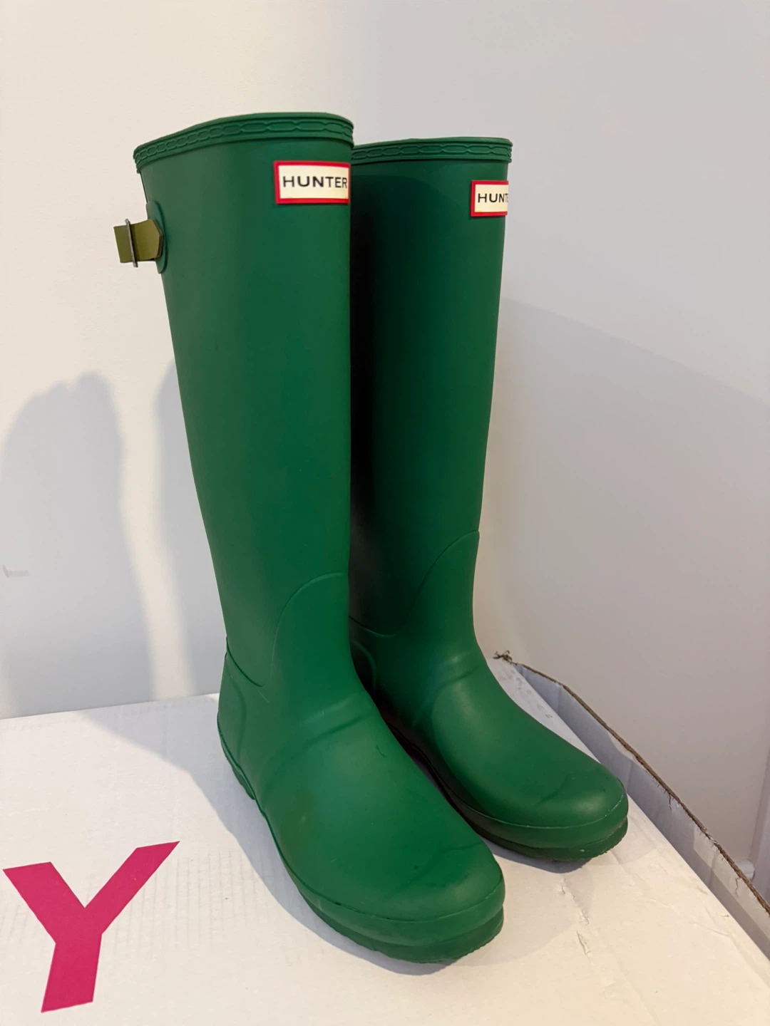 Hunter Green Rain Boots with cozy hunter socks - Women's US 8