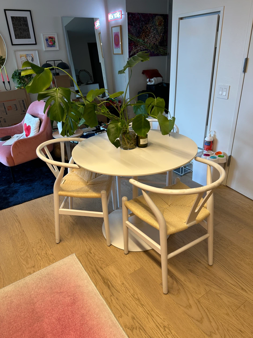 Round White Dining Table with Three Chairs (bundle)