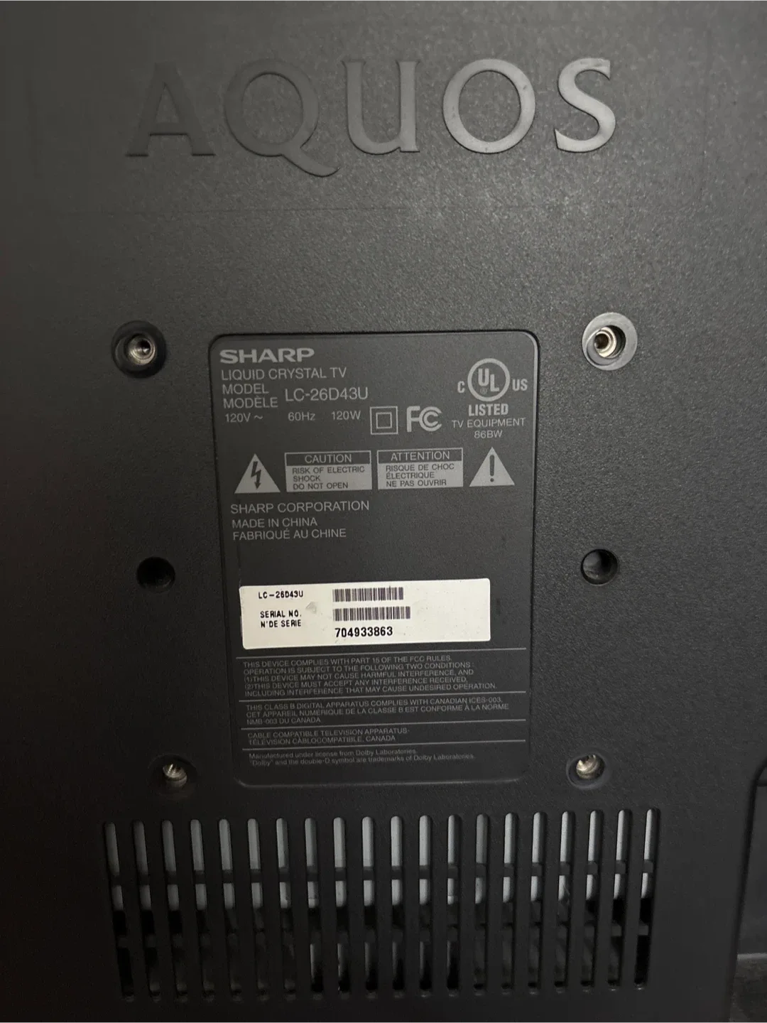 Sharp Aquos LC-26D43U 26" LCD TV image indicator(3)