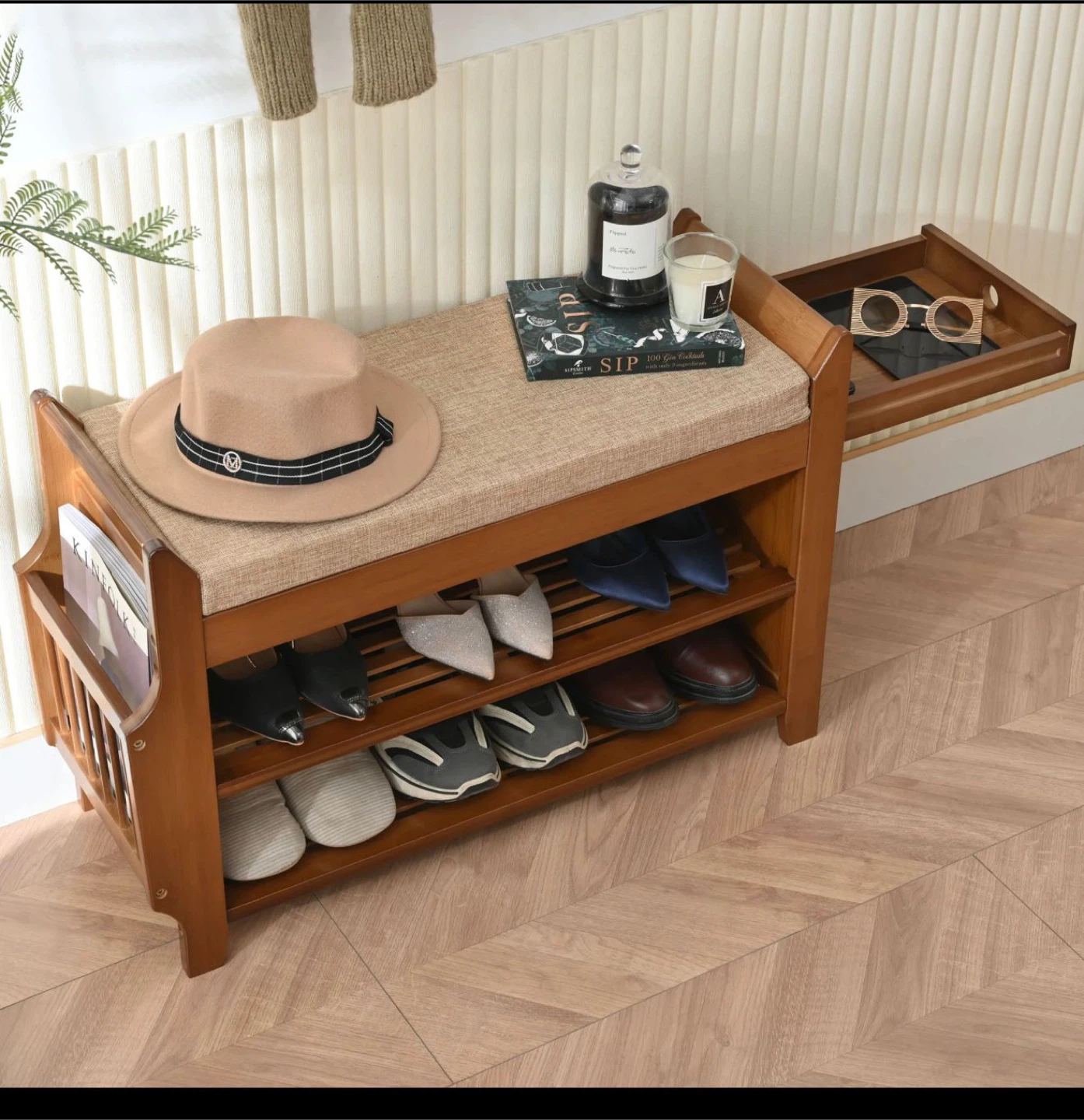 Bamboo Shoe Rack Bench with Cushion - photo 2
