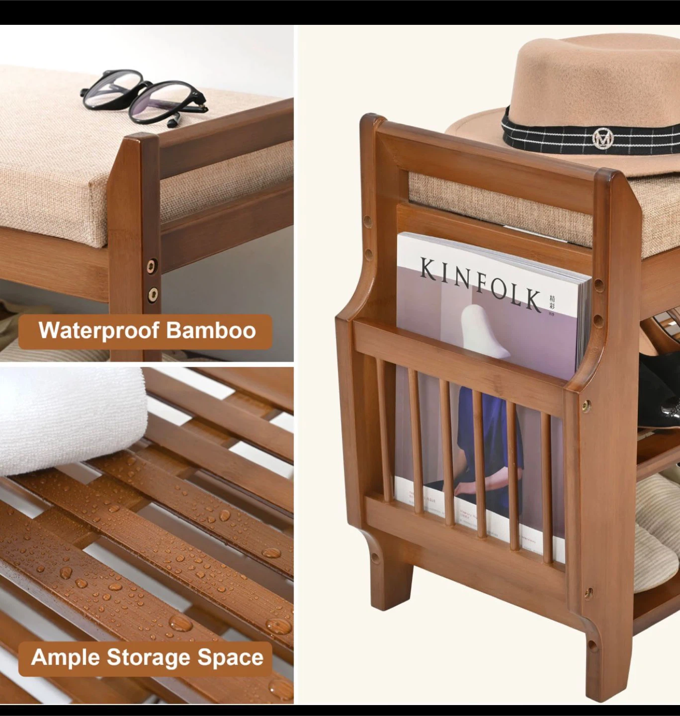 Bamboo Shoe Rack Bench with Cushion - photo 4