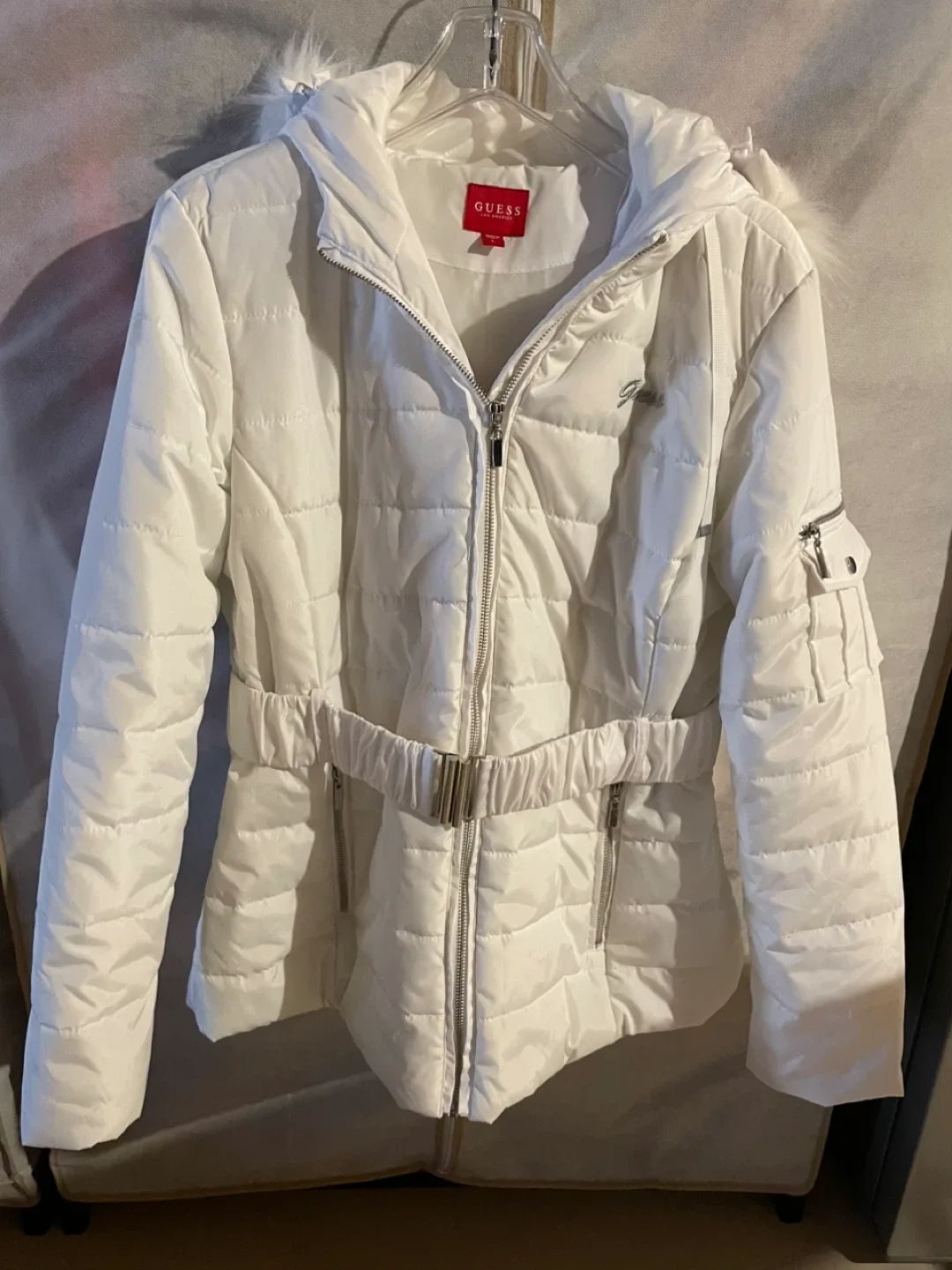 Guess White Puffer Jacket with Faux Fur Hood thumbnail