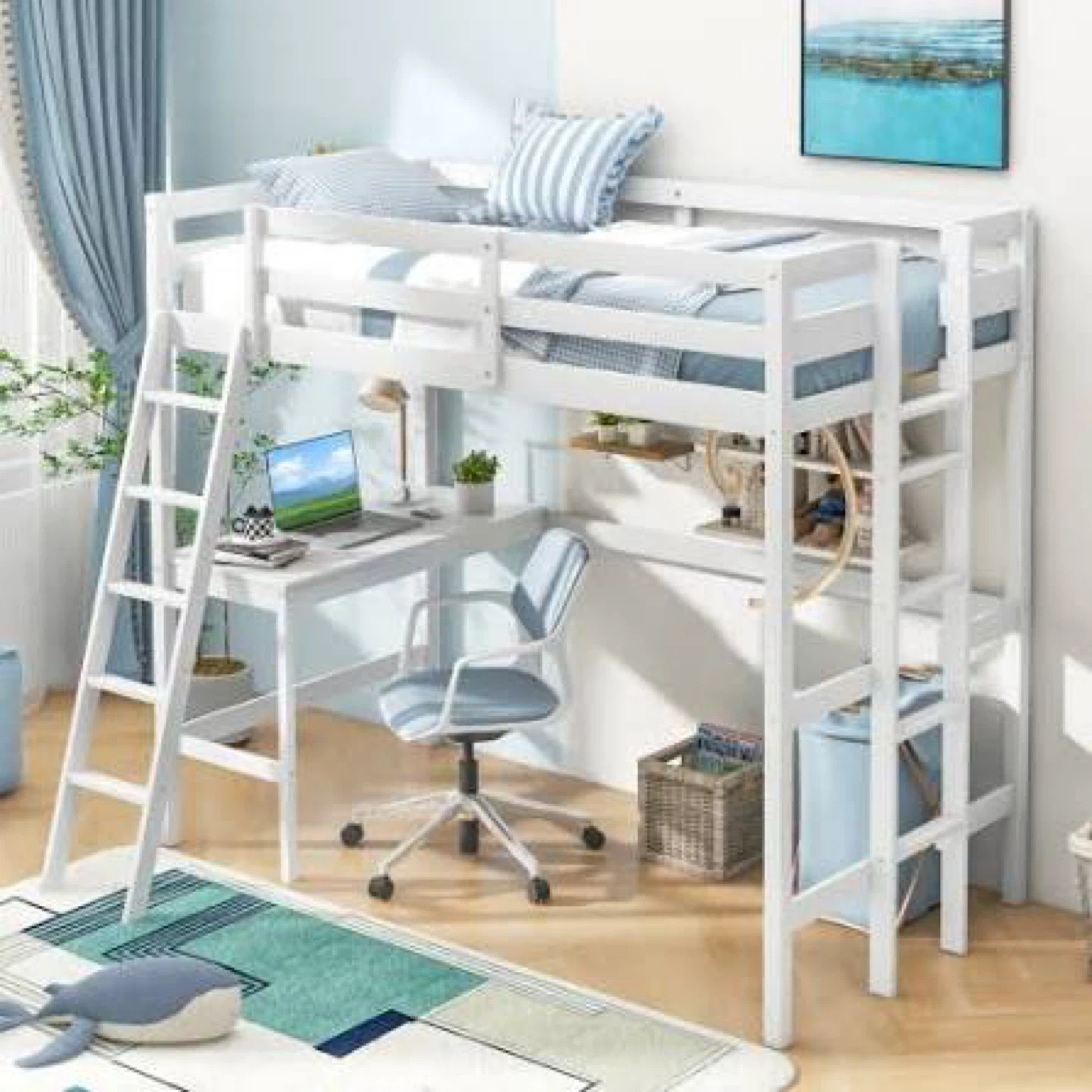 Costway loft bed with desk & White Armchair