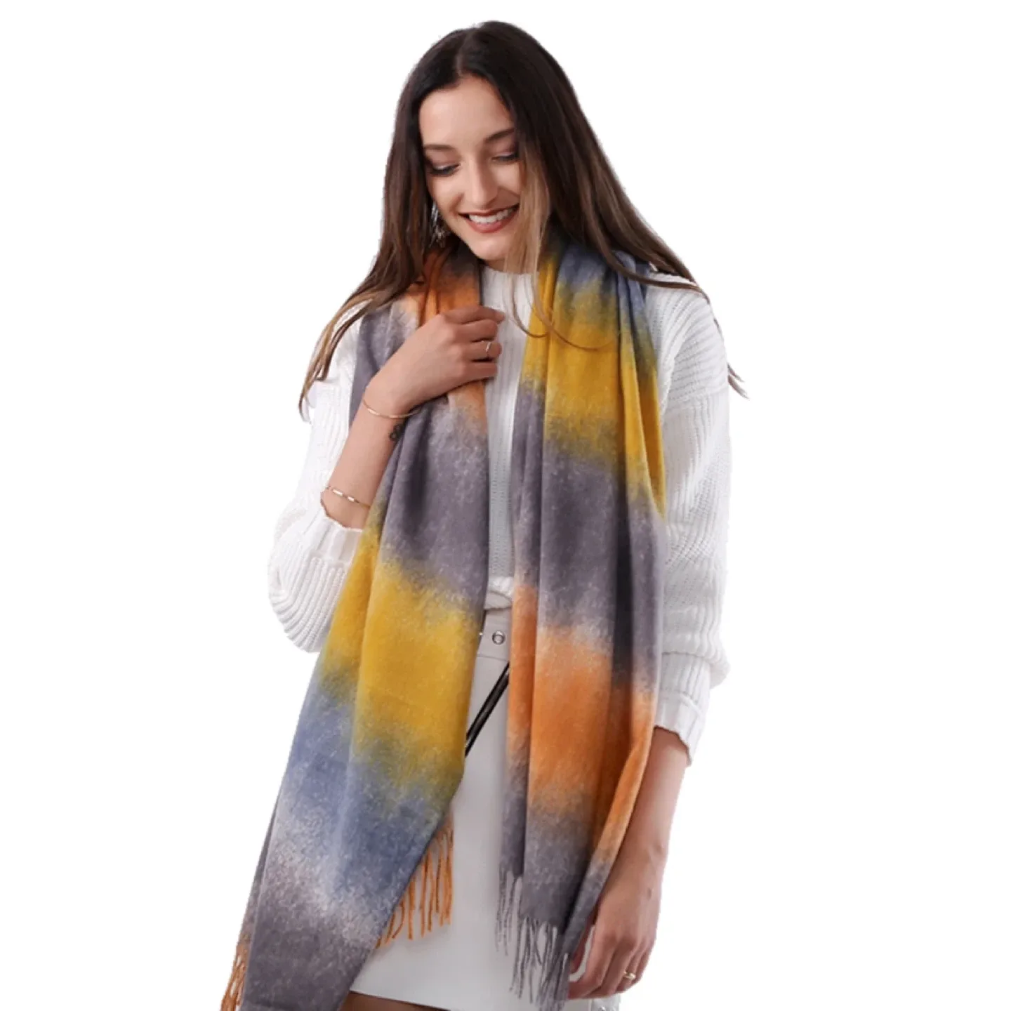 Striped Gradient Scarf/Shawl in Yellow/Grey/Orange thumbnail