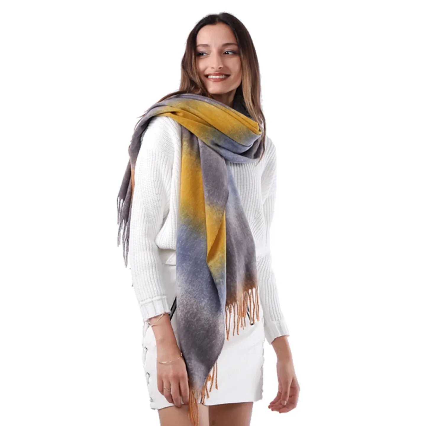 Striped Gradient Scarf/Shawl in Yellow/Grey/Orange image indicator(3)
