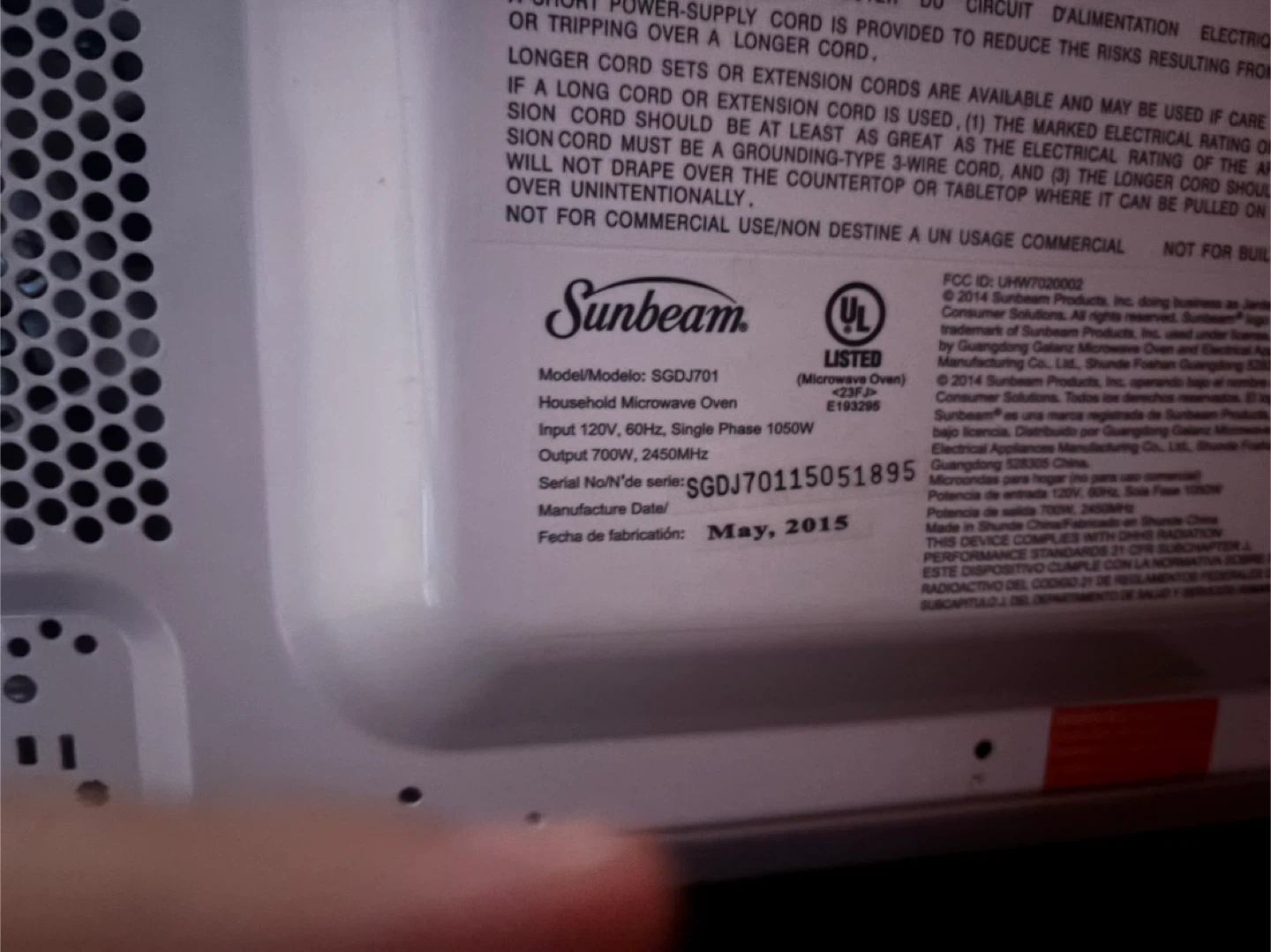 Sunbeam SGDJ701 Microwave Oven