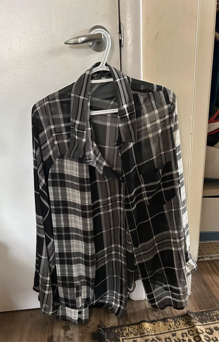 Sheer Plaid Button-Up Shirt - Black & White thumbnail
