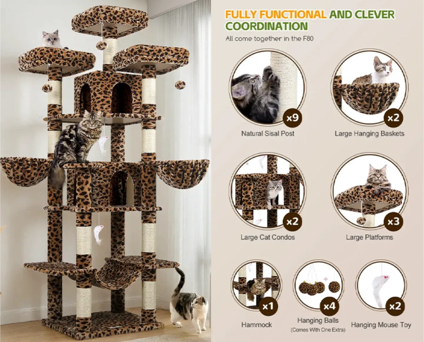 Unique Leopard Print Cat tree Tall 204cm Sturdy for Big Cats image indicator(6)