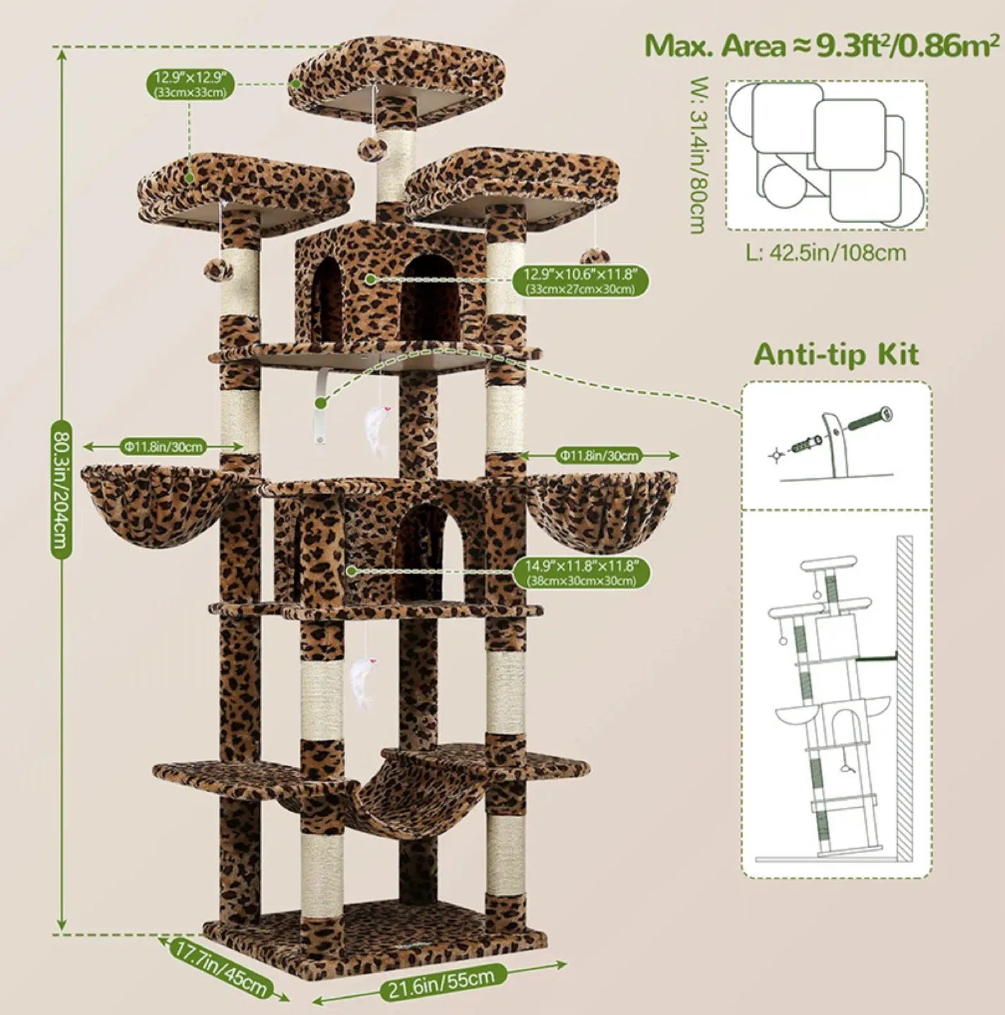 Unique Leopard Print Cat tree Tall 204cm Sturdy for Big Cats image indicator(5)