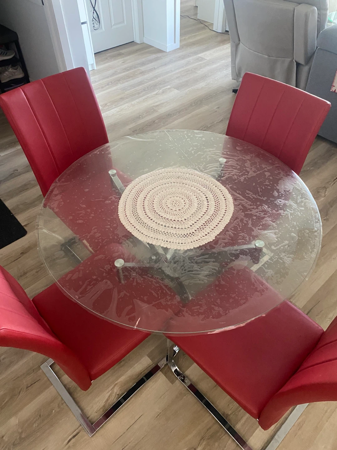 Round Glass Dining Table WITHOUT the 4 Red Chairs