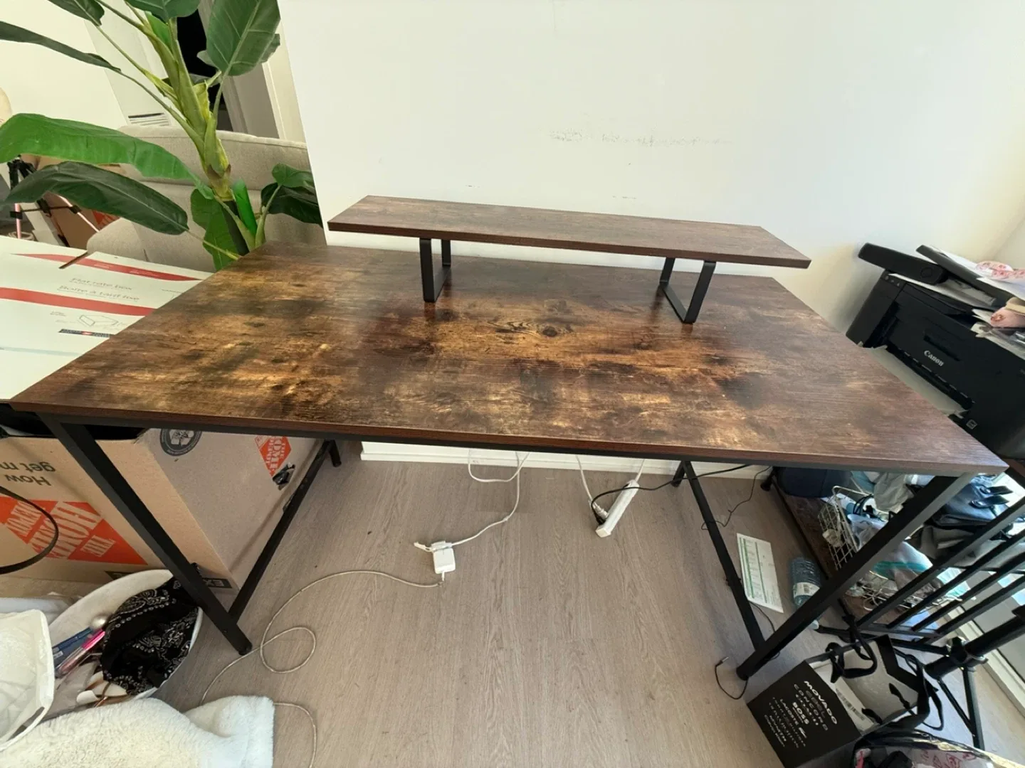 Wood grain desk with monitor shelf thumbnail