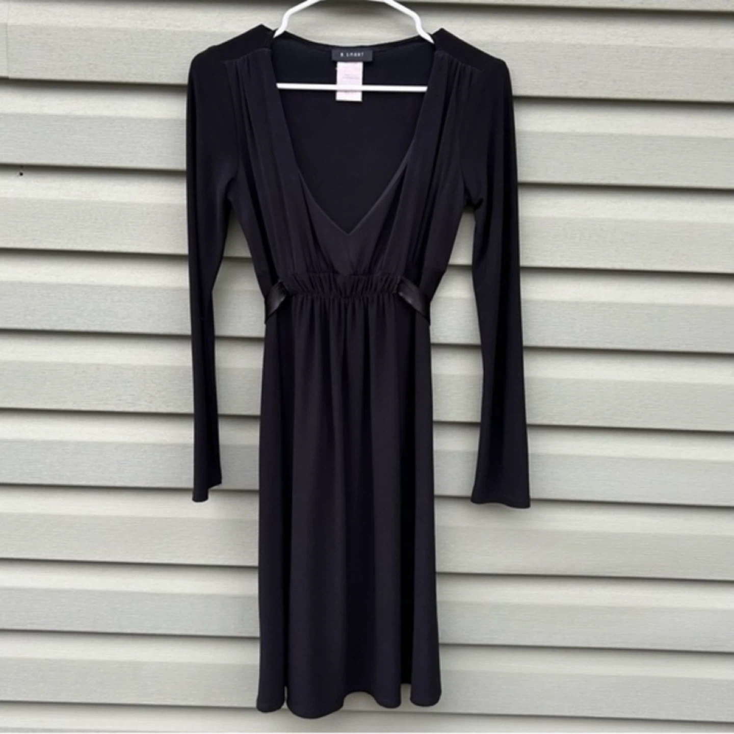 B Smart Long Sleeve V Neck Belted Knee Length Midi Dress Sz 9/10