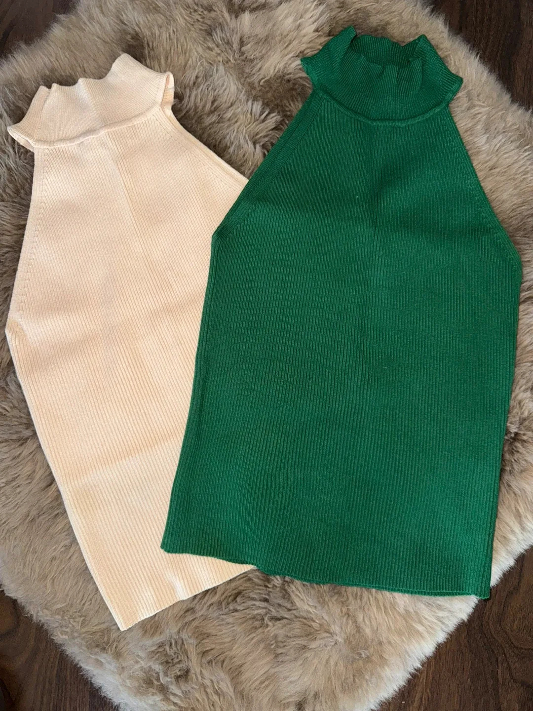 Two Knit Tank Tops - Green and Beige thumbnail