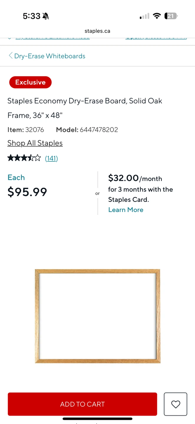 Staples Whiteboard with Wood Frame