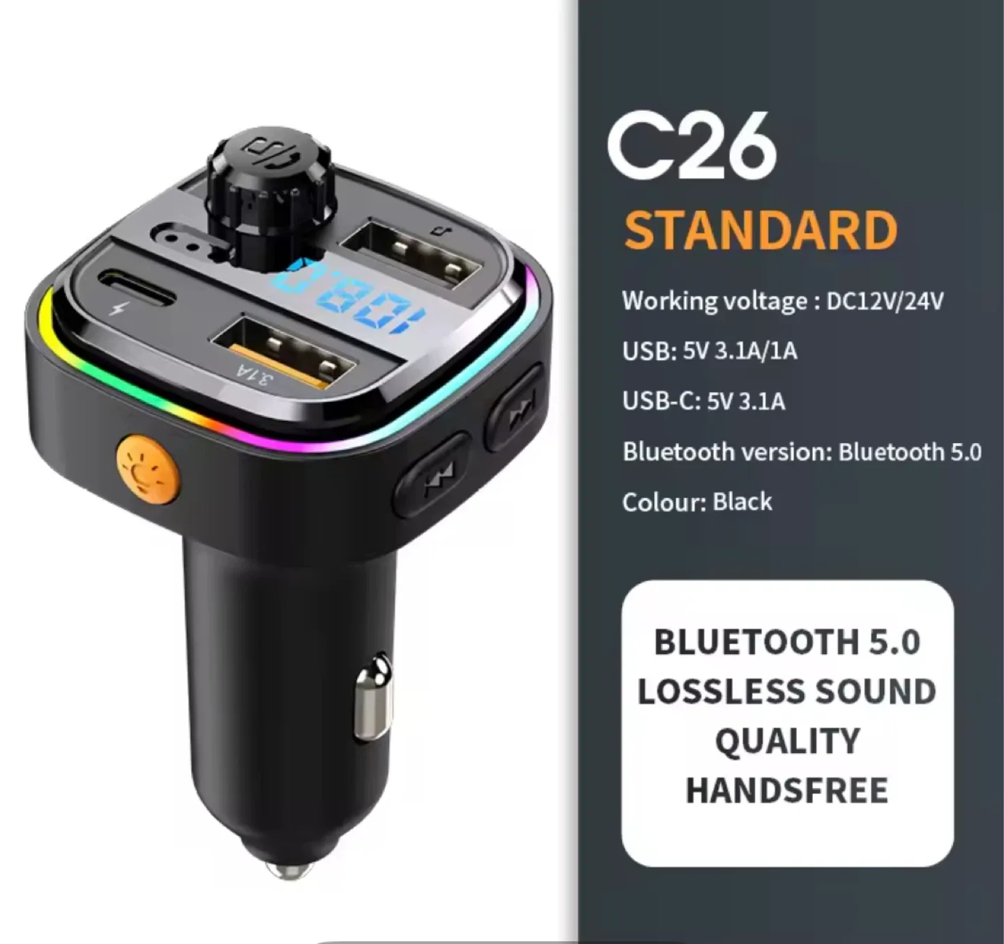 C26 Standard Bluetooth 5.0 Car Charger - Black thumbnail