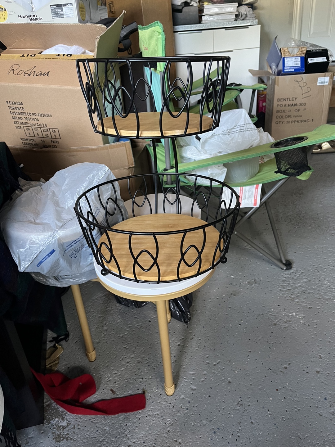 Two Tier Metal & Wood Basket Stand