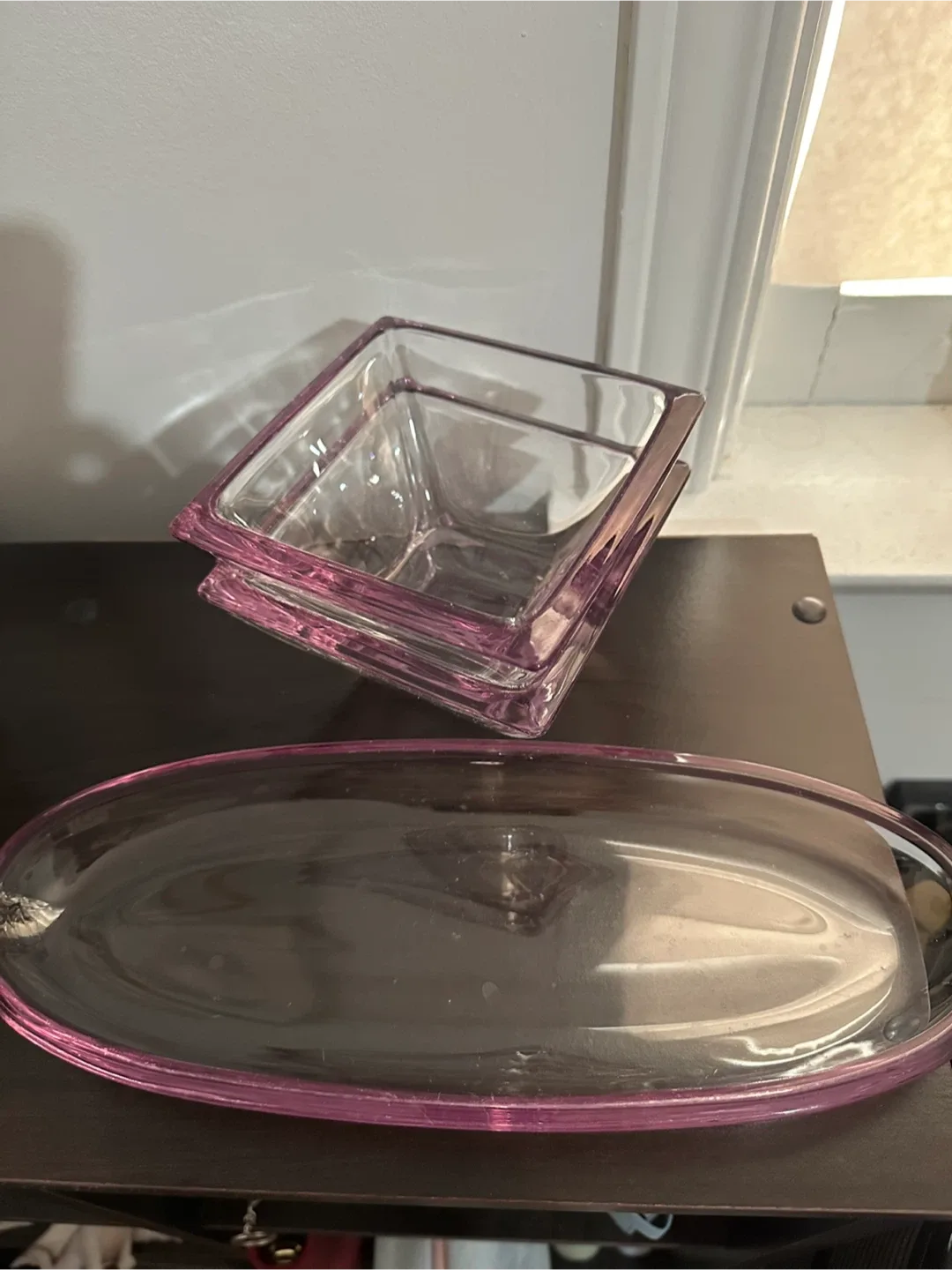 Glass Bowls & Tray Set with Pink Trim image indicator(2)