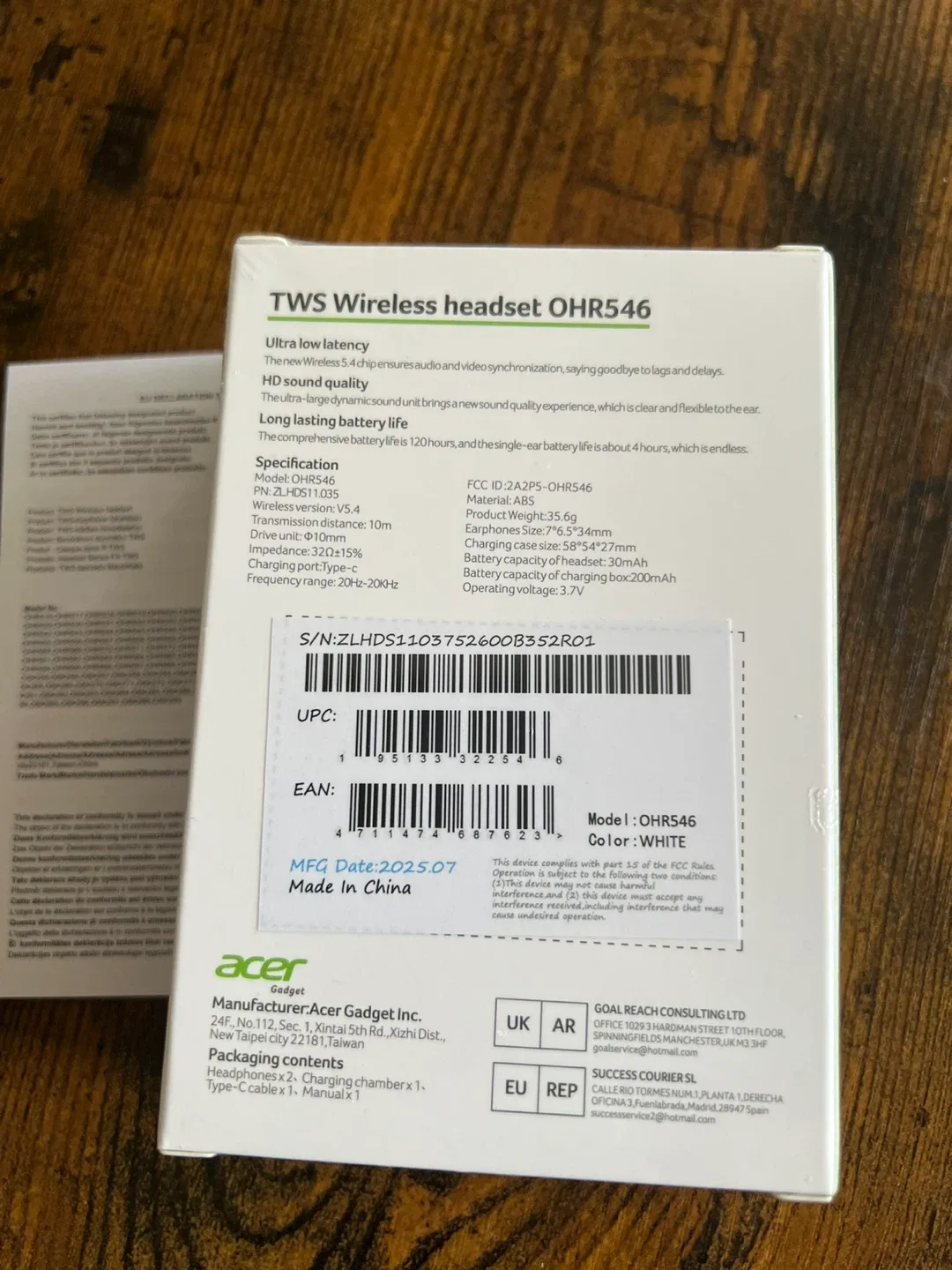 New Acer OHR546 TWS Wireless Headset - White thumbnail