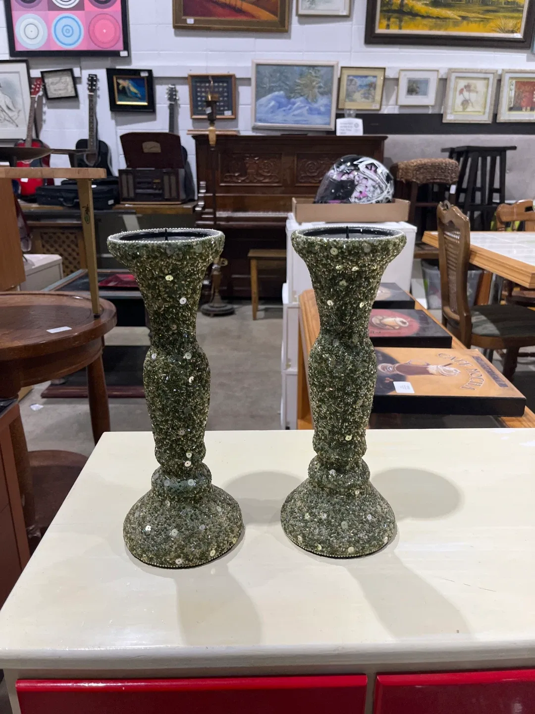 Pair of Decorative Green Candle Holders thumbnail