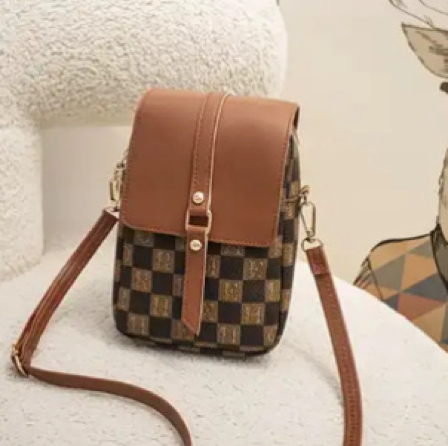 Brown Checkered Crossbody Bag