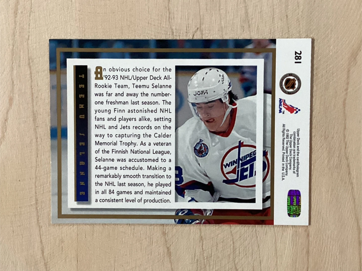 1993-94 UPPER DECK HOF TEEMU SELANNE Rookie Card #281 - photo 2