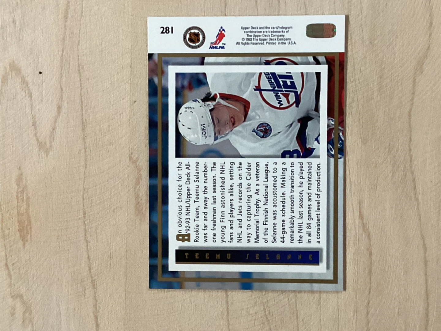 1993-94 UPPER DECK HOF TEEMU SELANNE Rookie Card #281 - photo 3