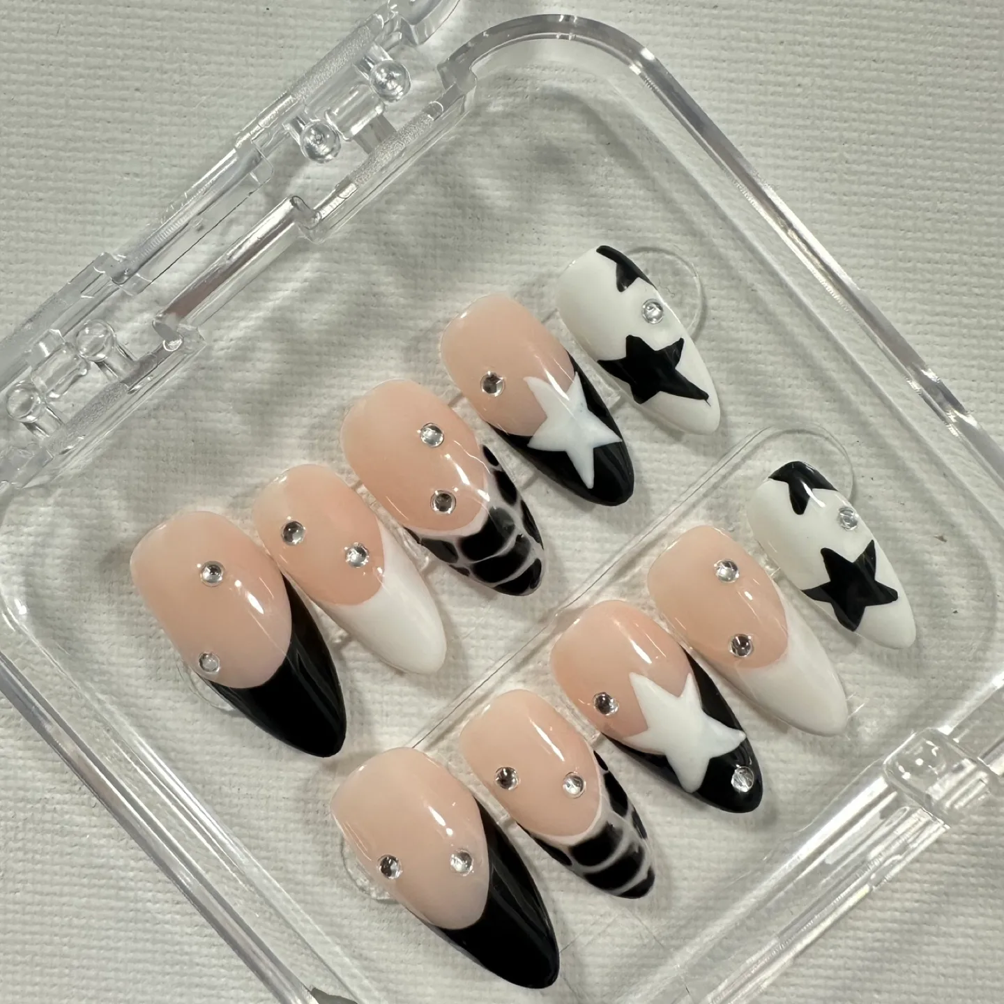 Custom Press On Nails - Black, White, Rhinestone thumbnail