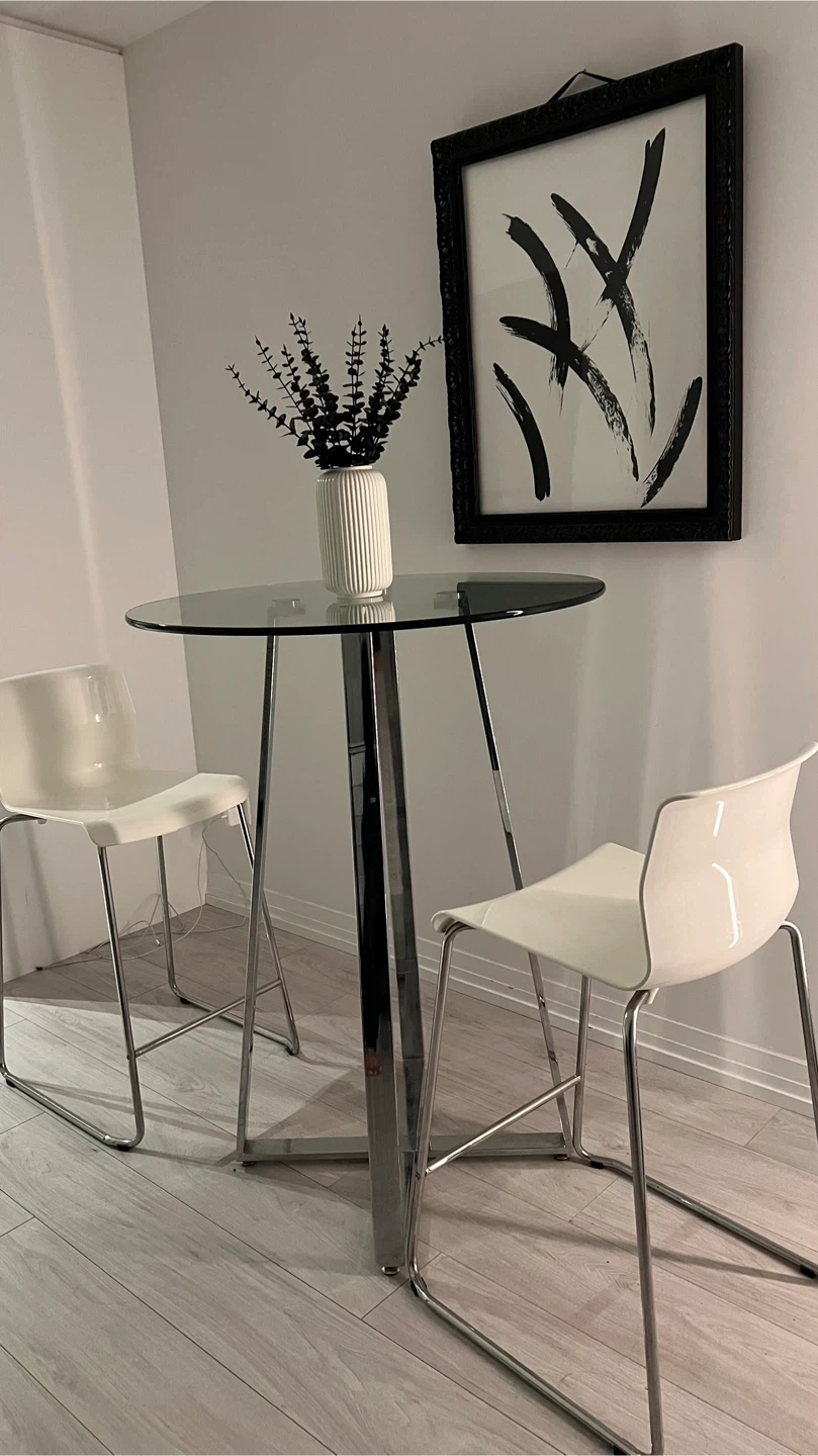 Glass Top Bar Table with Two White Bar Stools