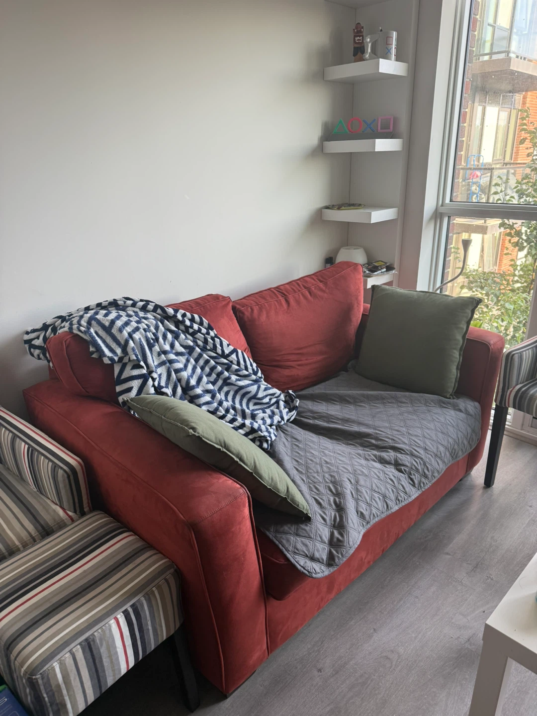 red velvet sofa with cushions and cover great condition